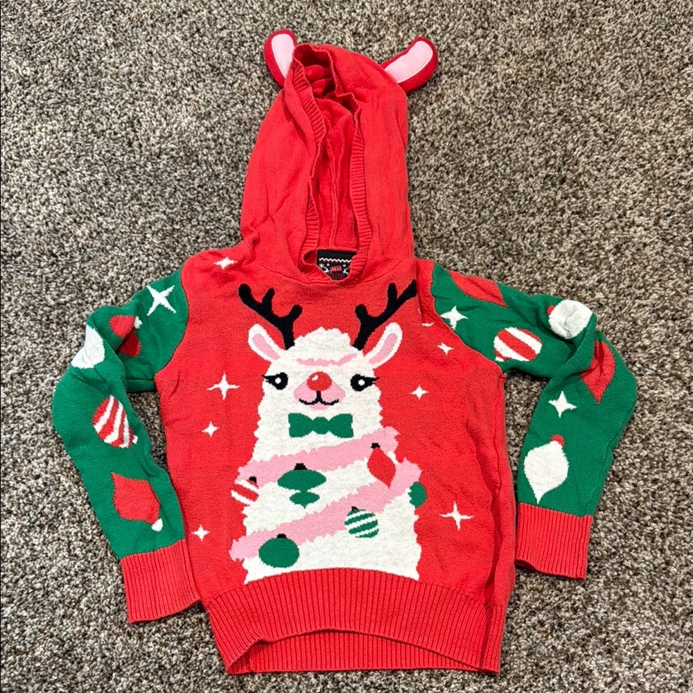Kid’s Festive Llama Christmas Sweater with Hood